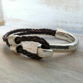 Half metalen armband met bruin gevlochten leer 'Castor'