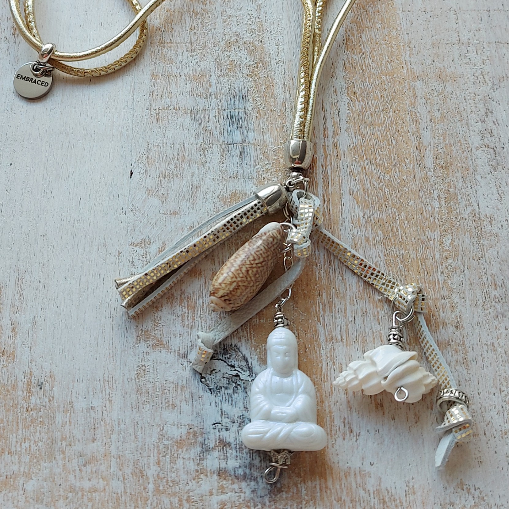 Lange lichtgouden leren ketting "Buddha"
