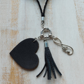 Lange leren ketting zwart met ring en te wisselen hangers 'Infinity'