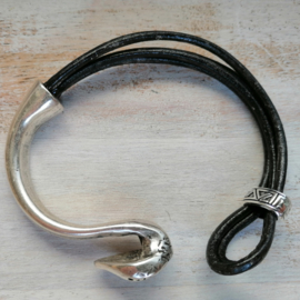 Zwart leren unisex armband half metaal "Snake"