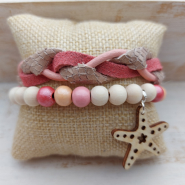 Setje armbandjes leer en hout 'Summerheat' roze