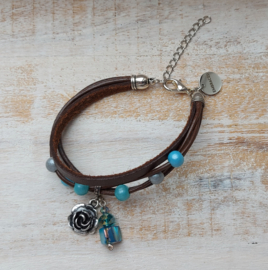 Donkerbruine leren armband met zeegroene details 'Karin'