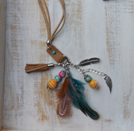 Lange leren ketting zand met ring en te wisselen hangers 'Angel'