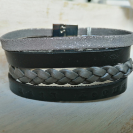 Zwart zilver leren armband breed "Enjoy life"