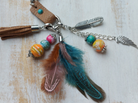 Lange leren ketting zand met ring en te wisselen hangers 'Angel'