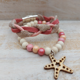 Setje armbandjes leer en hout 'Summerheat' roze