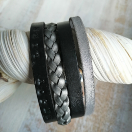 Zwart zilver leren armband breed "Enjoy life"