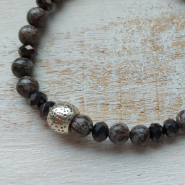 Natuurstenen armband | Obsidiaan 6 mm met glasfacetkralen