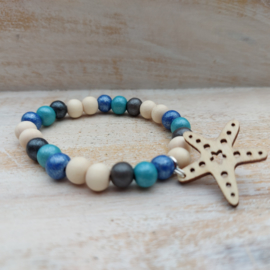 Setje armbandjes leer en hout 'Summercrush' blauw