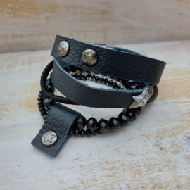 Zwarte set van leren armband en Sisa glasfacetarmbanden