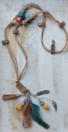 Lange leren ketting zand met ring en te wisselen hangers 'Angel'