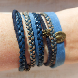 Blauw leren wikkelarmband met bronzen details "Lizzy"