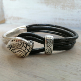 Zwart leren unisex armband half metaal "Snake"