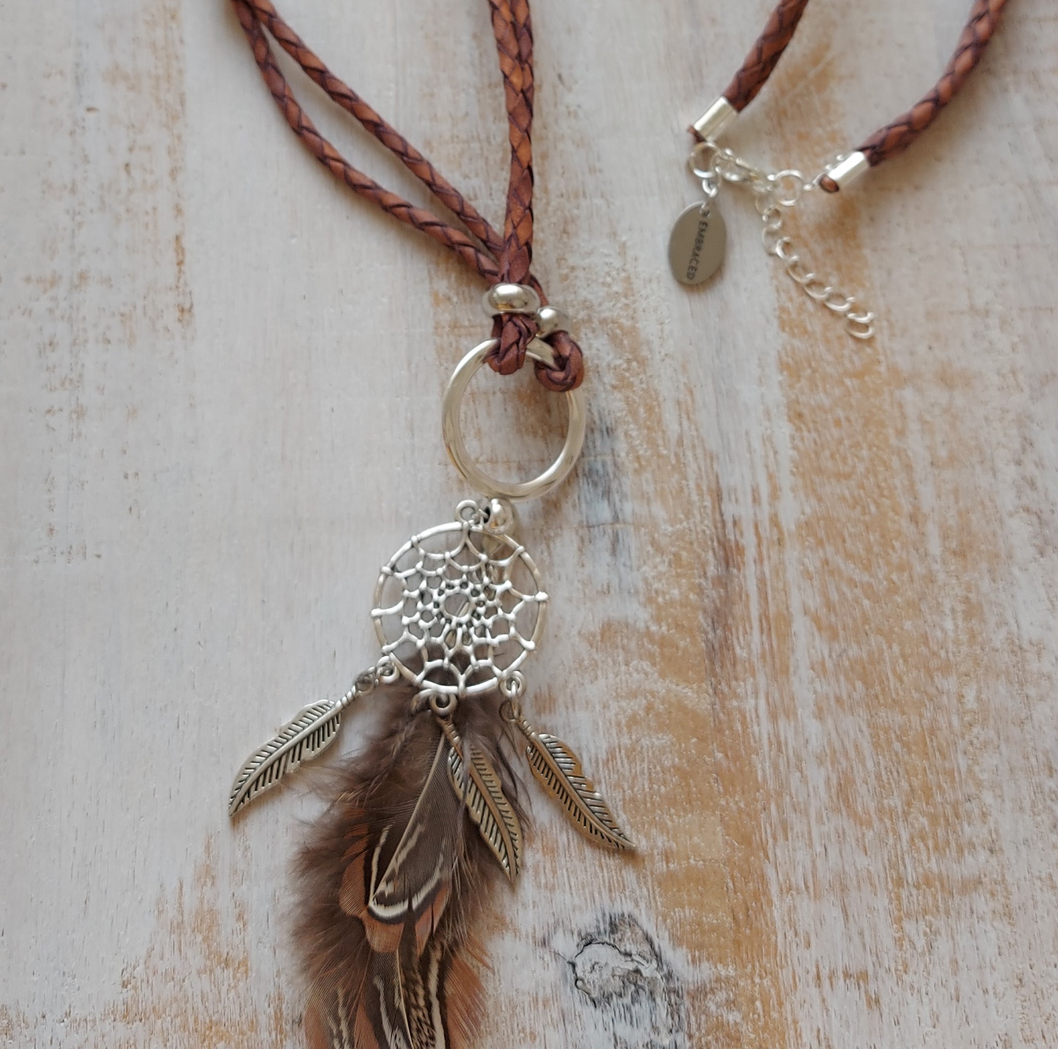 Lange bruine leren ketting "Dreamcatcher"
