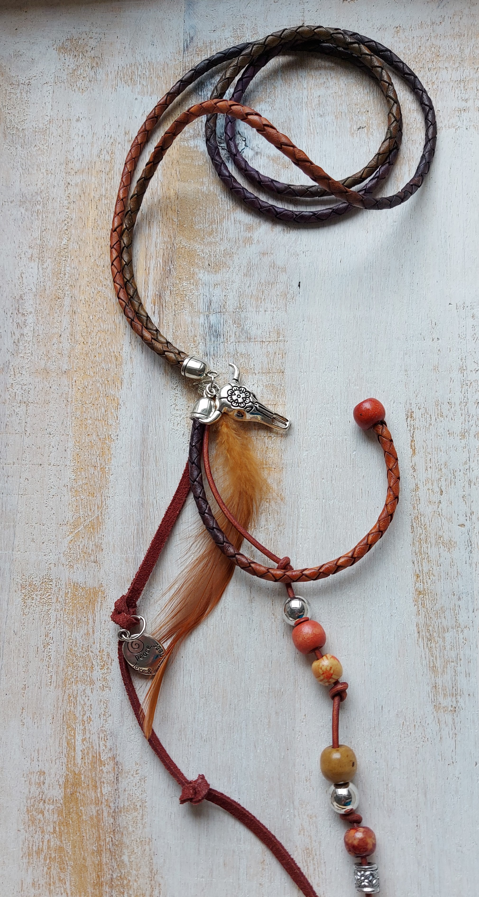 Lange leren, bruinrode ketting met kleurverloop 'Sharon 2'