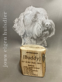 Huisdier foto op plexiglas op houten voet. 23x15cm