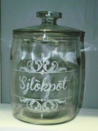 Glazen snoeppot met opdruk,31cm