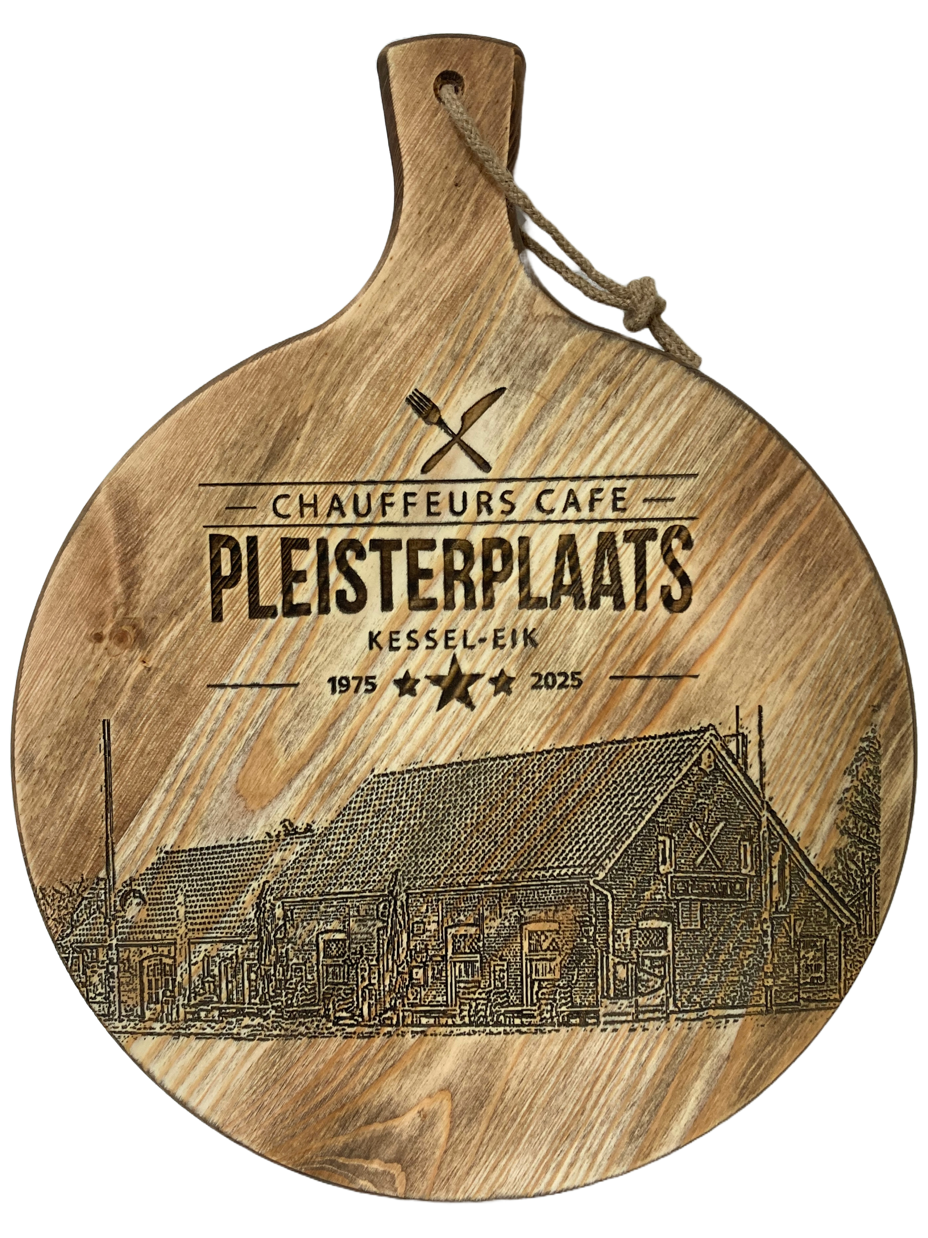 Grote pizzaplank/borrelplank met tekst 38cm doorsnede (prijs excl. gravure)