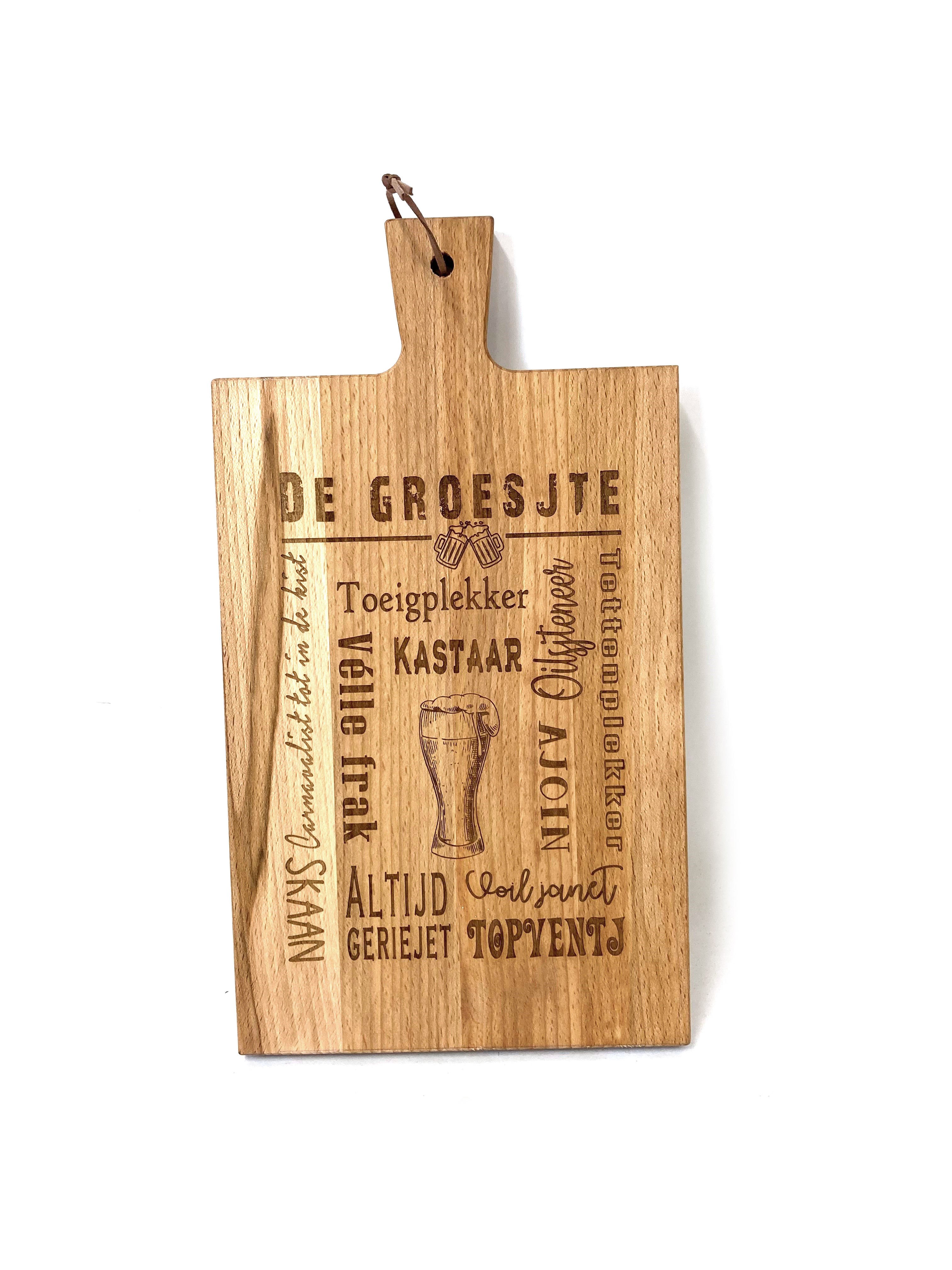 Beuken borrelplank gegraveerd 36-29x20x2cm (prijs excl. gravure)