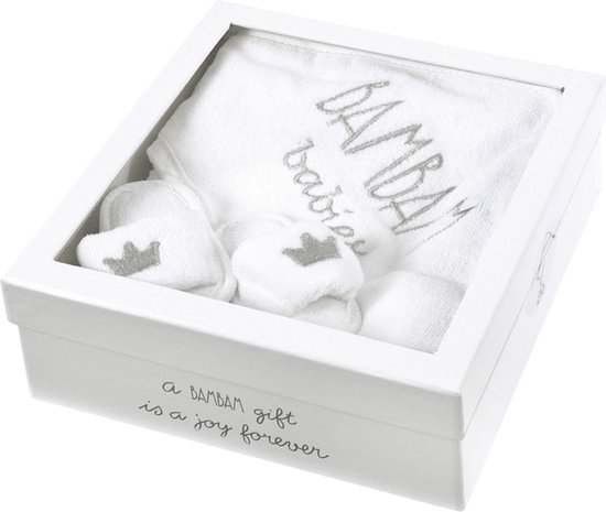BamBam Giftbox Wellness - Handdoek met capuchon + Hotel Slippers - Wit