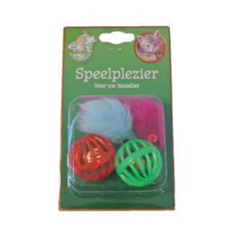 Boon kattenspeelgoed 2 plastic ballen en 2 bontmuizen 5 cm.