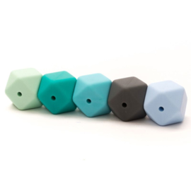 kralen hexagon silicone blauw/groen - 5 stuks