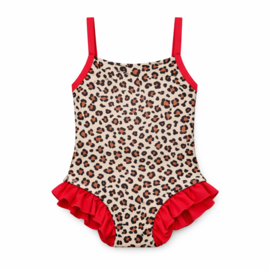 Panterprint meisjes badpak met rood/roze en strik – leopard kinderbadpak verstelbare bandjes