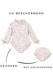 UV - werend badpak met zwanenprint en ruffles en drukknoopjes