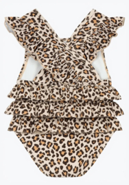 Panterprint meisjes badpak met ruffles op de achterkant – leopard kinderbadpak met gekruiste rugbandjes