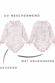 UV - werend badpak met zwanenprint en ruffles en drukknoopjes