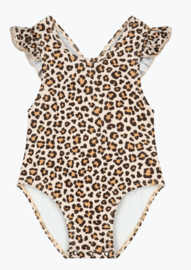 Panterprint meisjes badpak met ruffles op de achterkant – leopard kinderbadpak met gekruiste rugbandjes