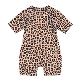 Panterprint baby UV zwempakje – zwem romper met rits en drukknoopjes – korte mouwen en pijpjes
