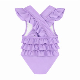 Lila meisjes badpak met ruffles op de achterkant – leopard kinderbadpak met gekruiste rugbandjes