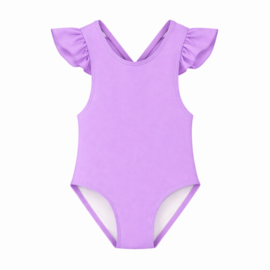 Lila meisjes badpak met ruffles op de achterkant – leopard kinderbadpak met gekruiste rugbandjes