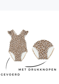 Panterprint meisjes badpak met ruffles op de achterkant – leopard kinderbadpak met gekruiste rugbandjes
