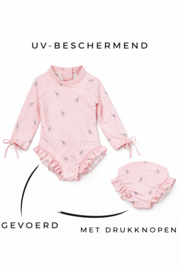 UV - werend badpak met giraffe print en ruffles en drukknoopjes