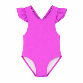 Badpak fuchsia roze met drukknoopjes en gekruiste bandjes