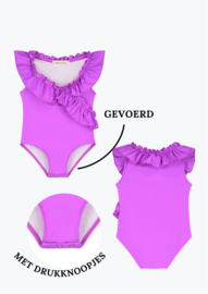 Badpak paarsroze met ruffels en drukknoopjes