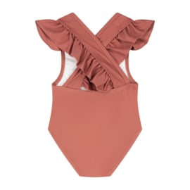 Badpak terracotta bruinrood met drukknoopjes en gekruiste bandjes
