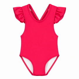 Badpak fel rood/roze met drukknoopjes en gekruiste bandjes