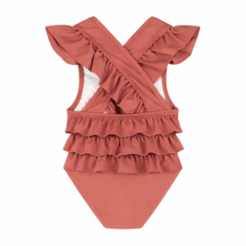Roestbruin meisjes badpak met ruffles op de achterkant –  kinderbadpak met gekruiste rugbandjes