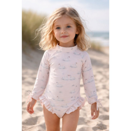 UV - werend badpak met zwanenprint en ruffles en drukknoopjes