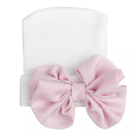 ☾  Niños |  Newborn hat | white with pink big bow