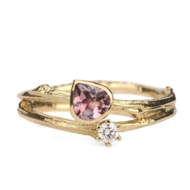 Dubbele twijgjes ring met vingerafdrukken, toermalijn en diamant - verkocht