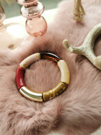 Bangle bordeaux/roze/beige/goud/bruin (effen goudkleurige disc kralen)