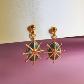 Pink Rhodonite and Green Enamel 8 Point Star Stud Gold