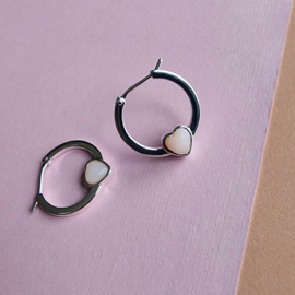Pink Opal Heart Hoop Earrings Silver