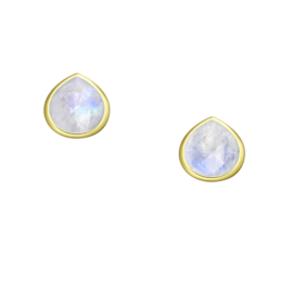 Gold Tear Drop Stone Stud Earrings Rainbow Moonstone