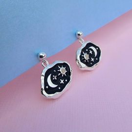 Midnight Scene Rose Quartz and Black Enamel Stud Silver