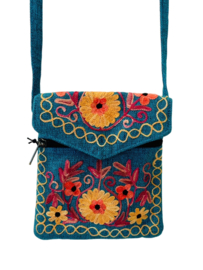 Geborduurd Luxe Bloemen Crossbody Tasje Petrol